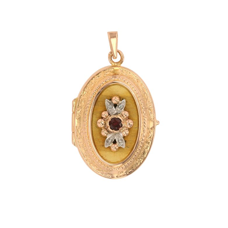Pendentif cassolette vintage grenat et roses de diamants or et argent 6.75g Comme neuf -  reconditionné disponible sur Gemme Les Bijoux